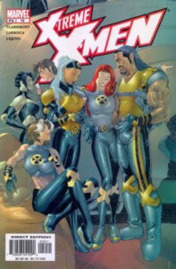 Several members of the X-Men team stand around casually chatting, Rogue sits in front