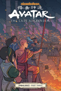 Aang, Toph, Katara, and Sokka stand overlooking a burning city