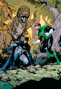 Cover for Batman Universe #3 - Brian Michael Bendis (writer), Nick Derington (art and cover), Carlos M. Mangual (letters), Dave Stewart (colors) - Batman and Green Lantern being chased by a T-Rex