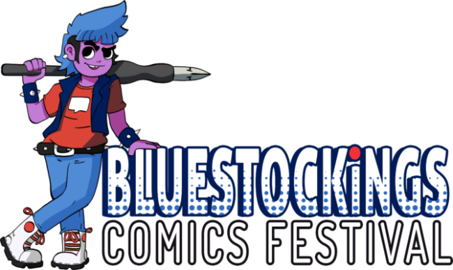 A stylized character with purple-skin tone, donning a blue hairstyle holds a giant pen over their right shoulder. They lean over the block of text: 'Bluestockings Comics Festival'.