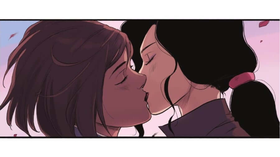 Korra and Asami first kiss from Turf Wars by Irene Koh via comicbook.com