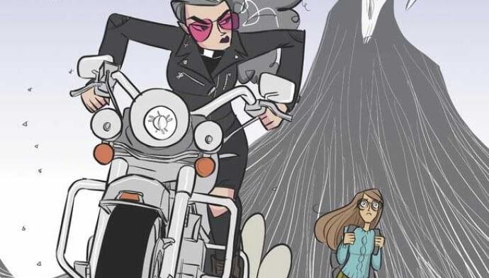 A gray haired woman rides away on a motorcycle from a young girl