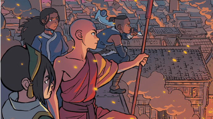 Aang, Toph, Katara, and Sokka stand overlooking a burning city