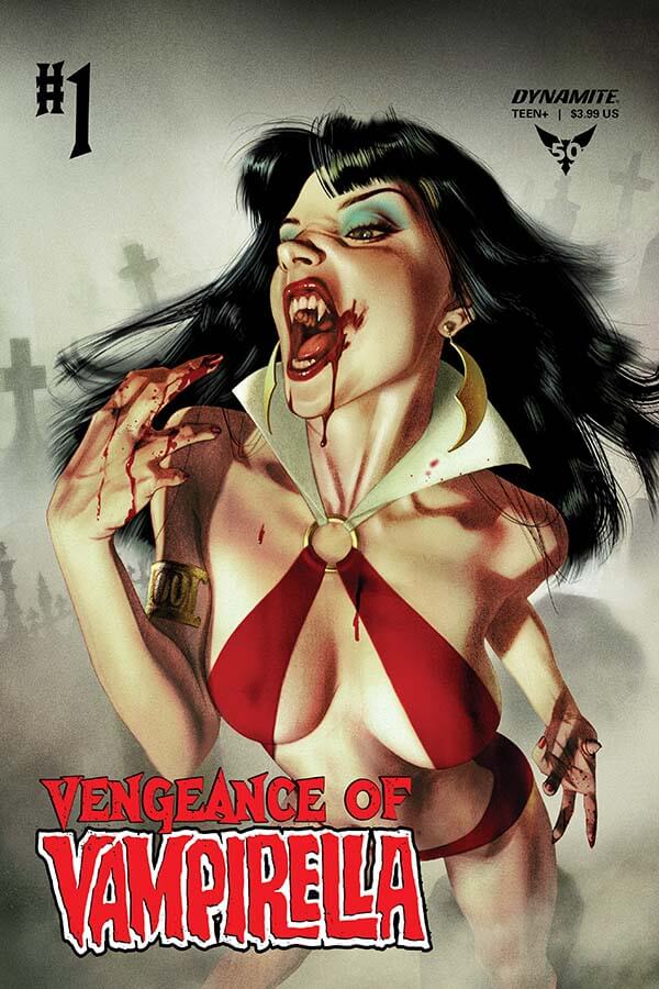 Vampirella looking vicious with blood smeared on her fingers and lips