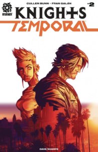 Fran Galan’s cover to Knights Temporal, featuring August and Jane’s busts, with the Los Angeles skyline superimposed across the bottom of the cover.