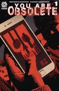 A red hand holds a smart phone displaying a red skull, dripping with blood.