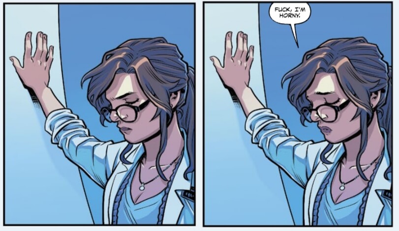 Dr. Christine Ocamp leans against the wall, angry. In the next panel, she says "Fuck I'm horny"