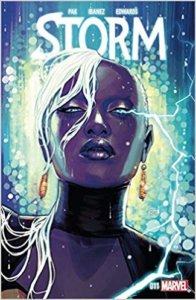 A close up of Storm with deep, dark skin and lightning cracking from her eyes