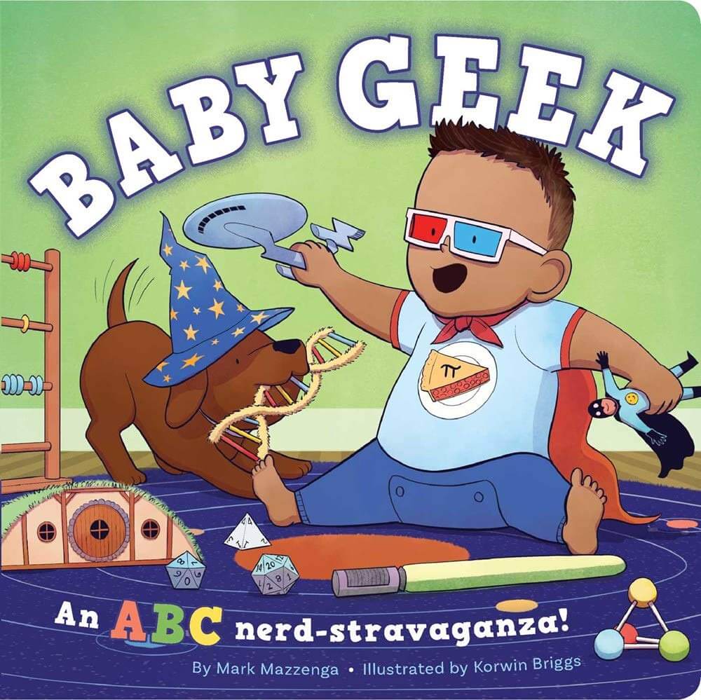 A baby wearing 3D glasses playing with a Starship Enterprise and a dog with a wizard hat and DNA model in its mouth.