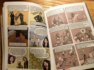 a colorful page with talking heads faces a page with sepia-toned illustrations and captions