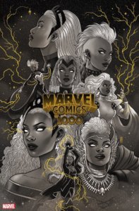 A collage of Storm busts featuring her different looks throughout the ages