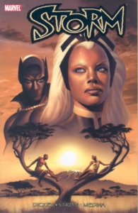The heads of Storm and Black Panther are in the sky over a pair of people sitting in trees below