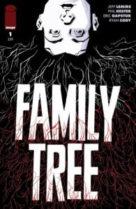 A young girl, head hanging over the top edge of the cover, has hair spilling out that looks like it turns into tree roots, growing over the text Family lTree.
