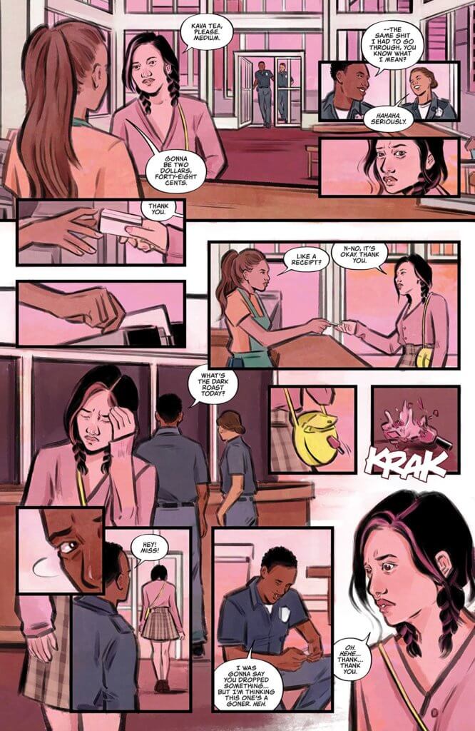 Jim Campbell (letterer), Emily Pearson (artist), Pat Shand (writer) Black Mask November 27, 2019 - An page of panels illustrating the main character buying tea, walking away, and being stopped as someone notices the nail polish falling from her bag and breaking on the floor