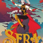 A pale-skinned scorpion goddess sits atop a mountain wielding a spear