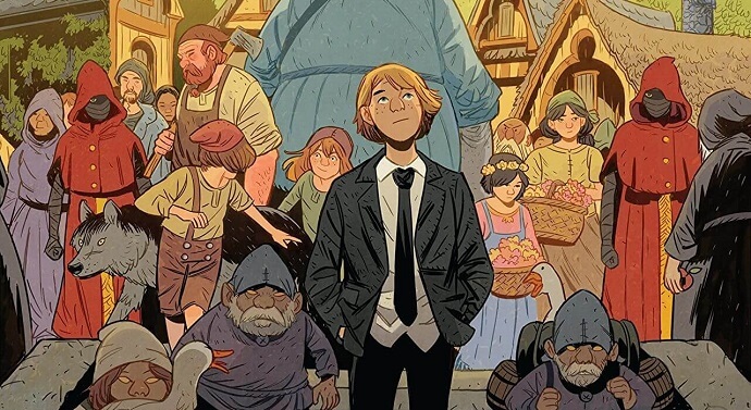 Folklords #1 cover by Matt Smith depicting suit-and-tie wearing series protagonist Ansel walking through his fantasy village