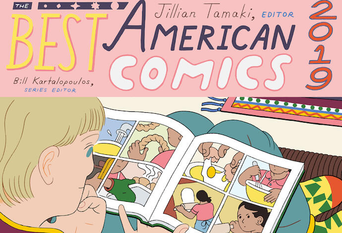 A girl reads a baking comic on The Best American Comics 2019 Cover by Sophia Foster-Dimino