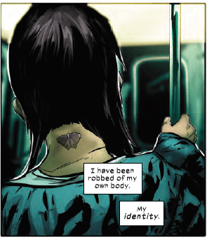 Panel art from Fallen Angels #1 - Frank D’Armata (colors), Bryan Edward Hill (writing), Szymon Kudranski (artist), Tom Muller (design), Joe Sabino (letters) Marvel Comics November 13, 2019 - Thought captions read "I have been robbed of my own body. My identity."