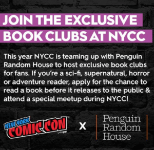 words on a black background invite con attendees to sign up for book clibs through Penguin Random House