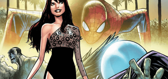 Mary Jane Watson struts her stuff in a black dresswith Spider-Man and several villains in the background