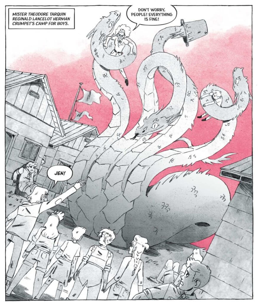 Panel from Lumberjanes: The Shape of Friendship shows a giant hydra in between two cabins. The hydra has two people, Barney and Jen, in its clutches. The Lumberjanes are watching from the ground.