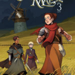 A trio of people walk through a field, a windmill in the background