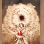A girl wrapped in furs and blankets holds a red package in her hands. Above her the clouds form a strange vortex with a black void in the centre