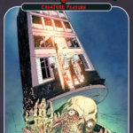 A skeletal monster crawls out of a whole, lifting the building on top of it