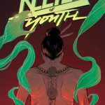 A person with their dark hair tied up in a bun sits with their back to the viewer, green mist floating around them