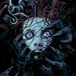 A frightened face with creepy fingers reaching out of black water to pull her back down