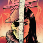 A portrait of a young woman on one side with a Spanish skeletal soldier on the other side, divided by a sword that reflects the faces of the main characters