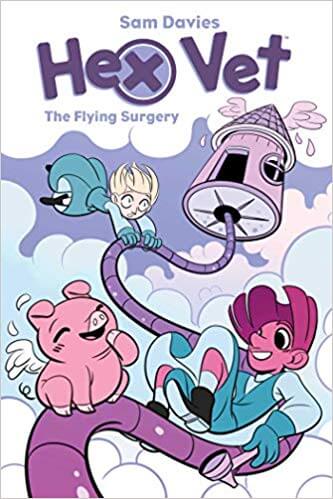 A flying pig with wings chuckles as his witch little friends cling to the thick cord attached to the flying vet clinic