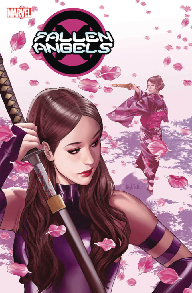 Psylocke looking over her shoulder at a geisha while pulling out a katanna Fallen Angels #3