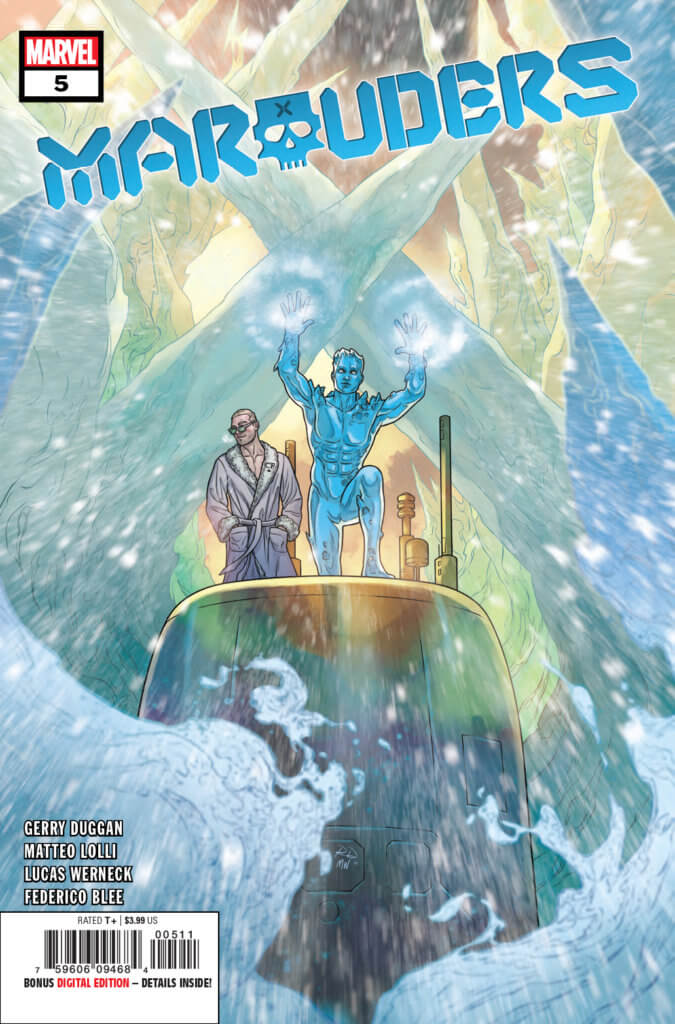 Ice Man uses his ice powers while Christian Frost stands behind him on the ship wearing a robe
