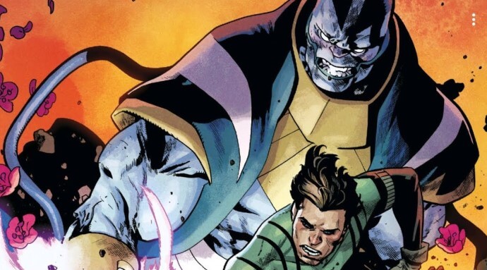 Apocalypse holds Rictor as they both use their powers to blast the ground