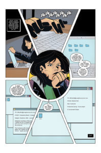 A young black-haired woman examines messages on a computer