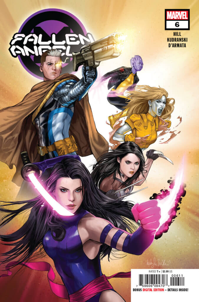 Fallen Angels #6 cover - Psylocke, X-23, Cable, Husk and Bling! leaping at the reader