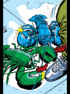 A green lobster (Bill) and a blue lobster (Don)