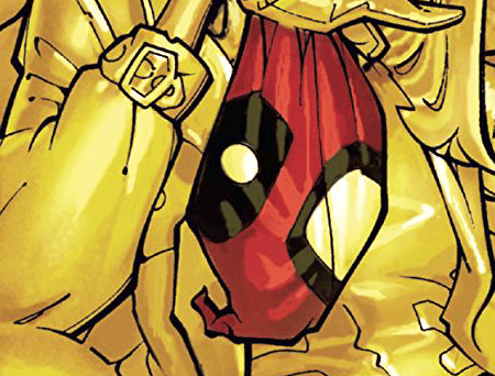 Deadpool's mask being held by a person all in gold