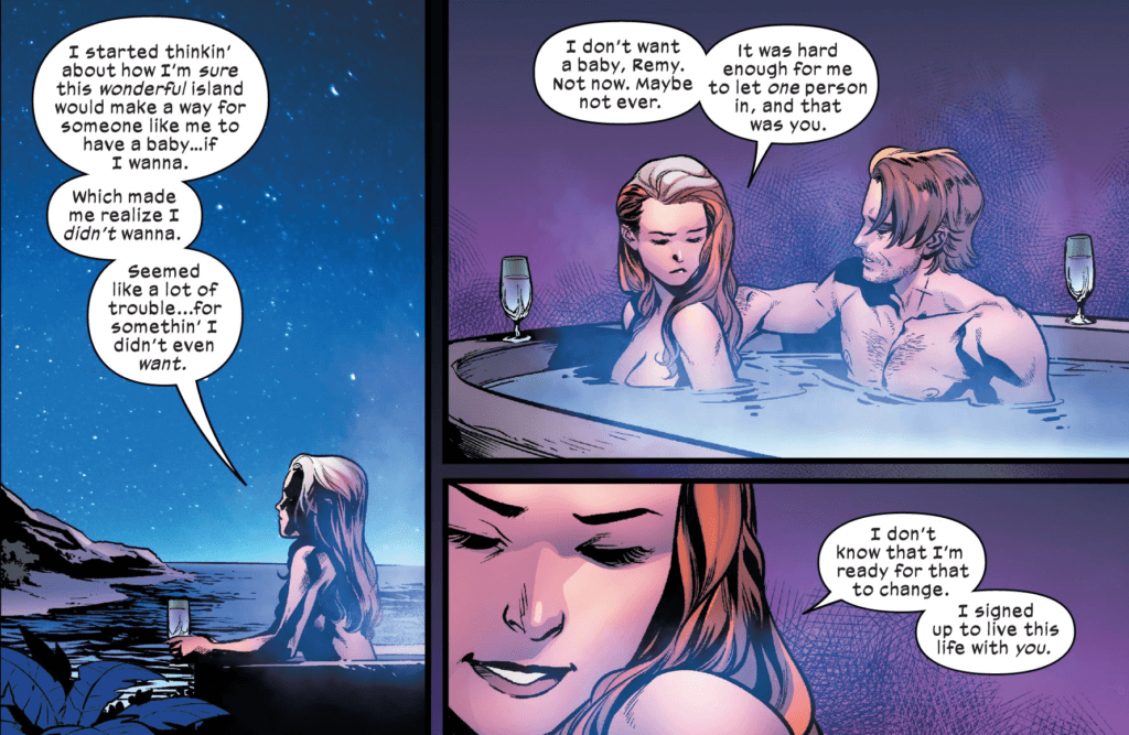 Rogue and Gambit in a hot tub. 