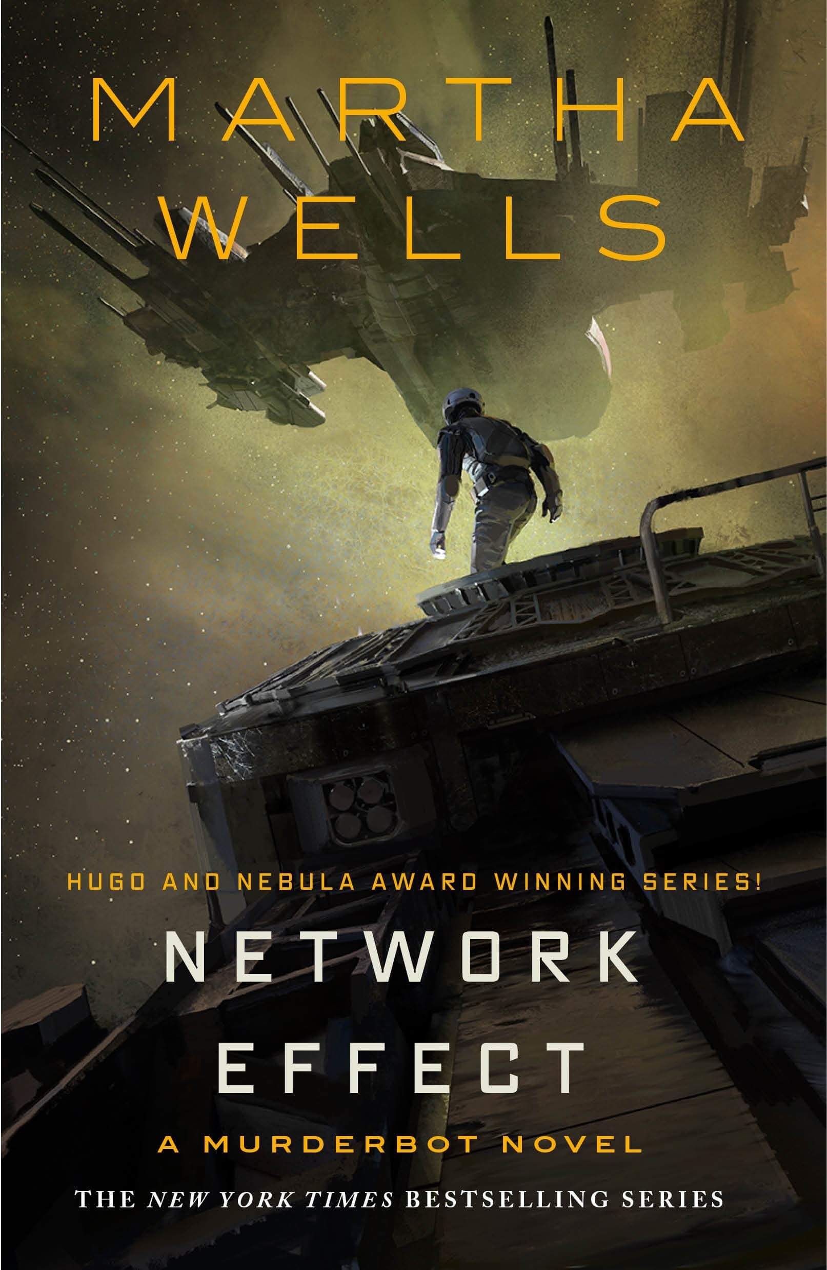the main character appears to be preapring to jup from one spaceship to another on the cover of Network Effect by Martha Wells