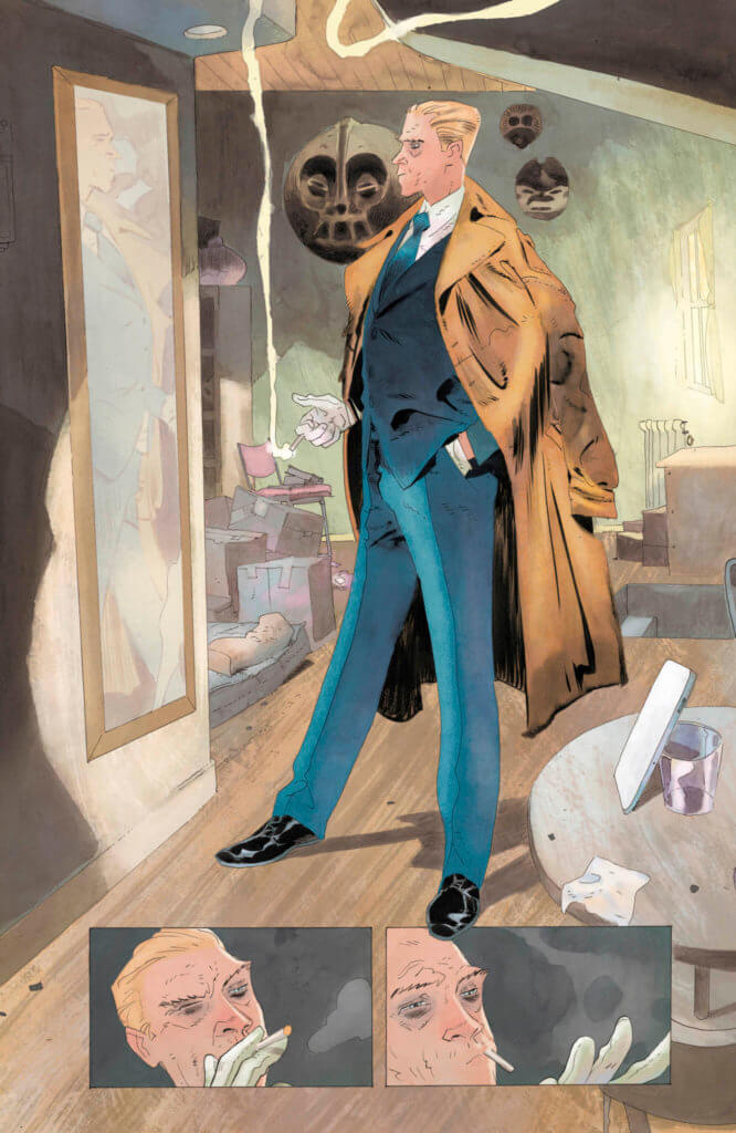 Three panels from John Constantine: Hellblazer #4. The first, a background panel, shows Constantine in a blue suit with his trenchcoat over the top, admiring himself in the mirror. The second two panels show him smoking a cigarette and looking at his white gloves.