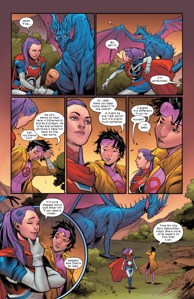 Jubilee talks with Captain Britain about her son, Shogo, while Captain Britain plays fetch with Shogo, in his dragon form, with a slab of meat. Each of the characters, Shogo included, are incredibly expressive as they speak.