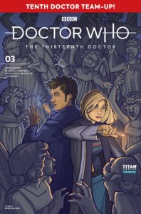 The Thirteenth and Tenth Doctors back to back, fighting a crowd of Weeping Angels