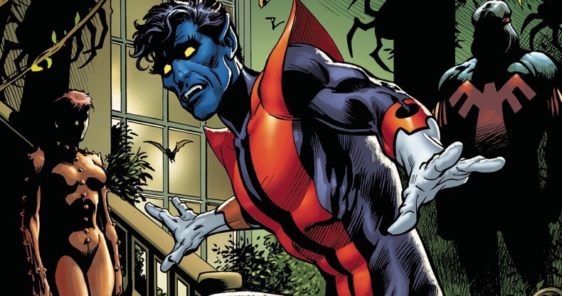 Nightcrawler is frightened. Behind him are shadowy figures of Rachel Summers and John Proudstar