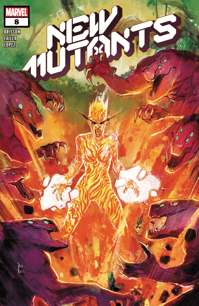 Magma keeps a horde of monsters back with her magma powers on this cover to New Mutants #8