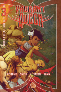 A woman in a fancy outfit punching people