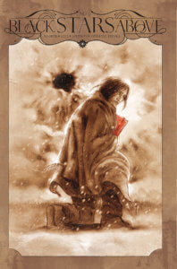 A girl wrapped in furs holds a red book