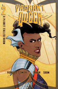 A woman in profile wearing a fancy outfit. She doesn't look happy about it.