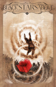 A girl reaches up to a circle in the sky as a red book falls behind her